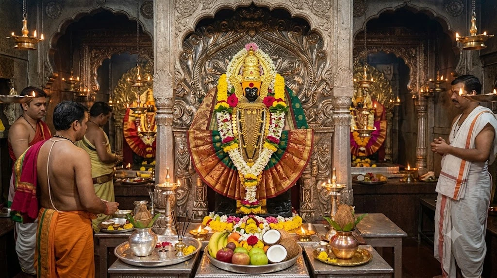 Kolhapur Mahalakshmi Ambabai Temple entrance during golden hour sunset